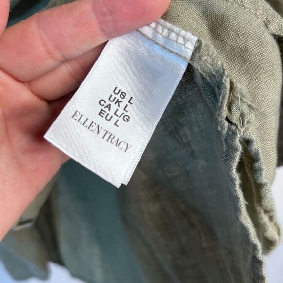 Ellen Tracy Scoop Neck Gold 1/4 Zip 3/4 Sleeve 100% Linen Side Slit Blouse LG - Picture 8 of 10